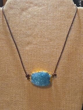 Blue Druzy Stone Pendant Necklace with Brown Cord